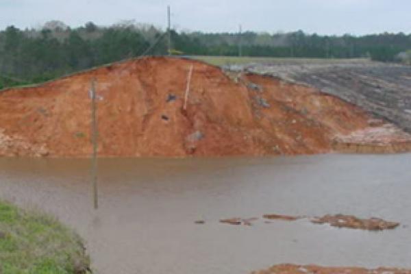 view of an internal erosion of a breached dam