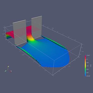 Screenshot of computer simulation for water surface for dambreach